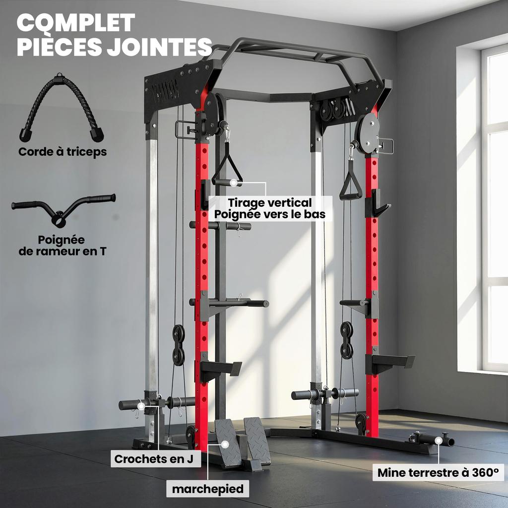 Power Cage, Power Rack with Adjustable Cable Pulley System, Pull-Up Bar, Dip Station, Landmine