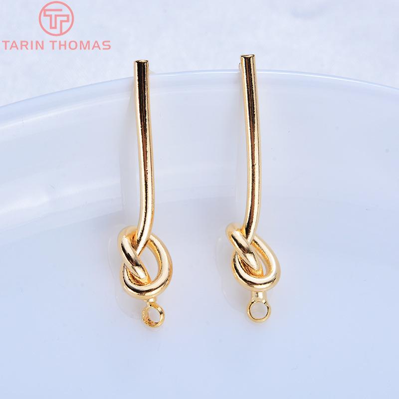 (3781)4PCS 27MM 35MM 24K Gold Color Plated Brass Long Line with Knot Stud Earrings High Quality DIY Jewelry Making Findings