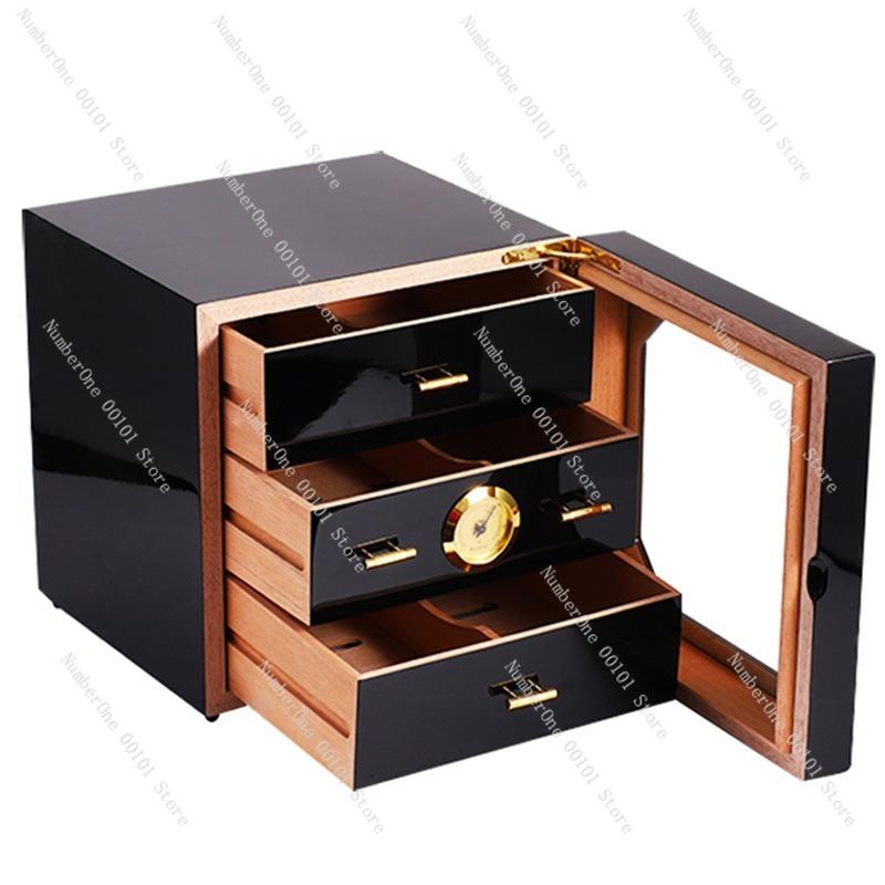 High-gloss black piano lacquer cigar cabinet cedar wood moisturizing humidor storage box large capacity luxury cigar collection