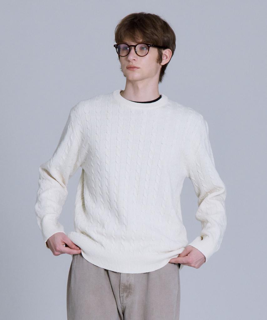 BASIC HOUSE Cable Round Neck Knit Oatmeal Lykt7101