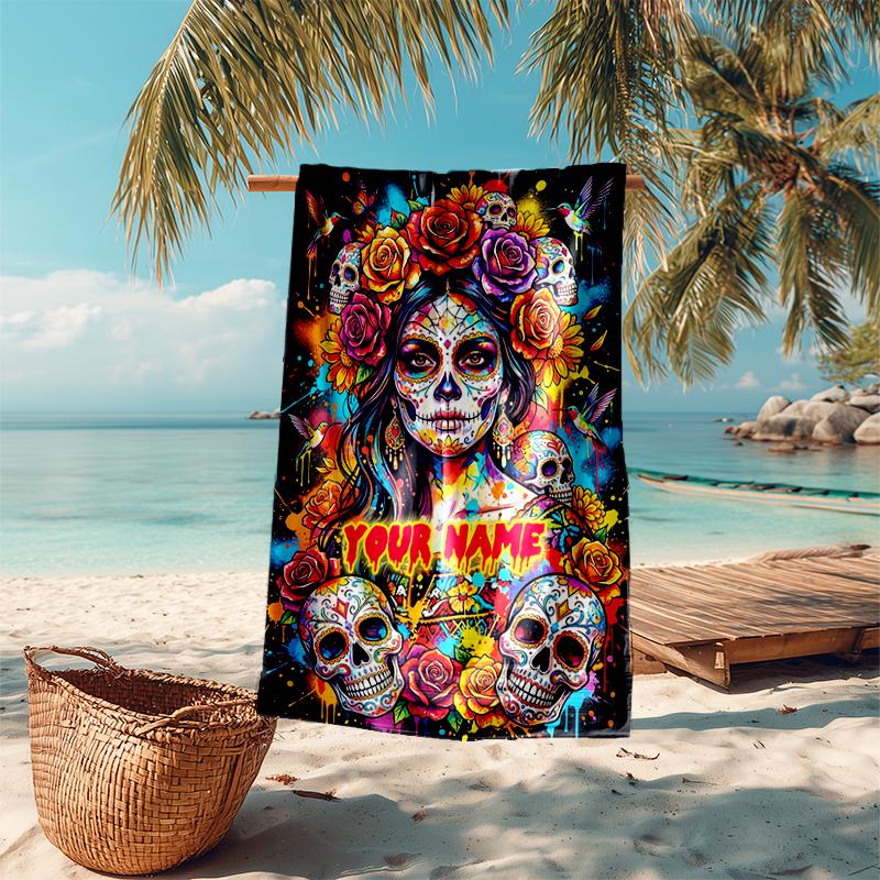 1PC Custom Name Day Dead Celebration Beach Towel Highly Absorbent And Sand-Resistant Towel for Swimming, Pool, Yoga, And Travel Lightweight
