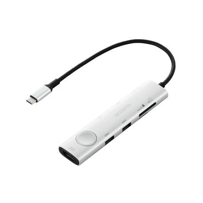 ELECOM Hub Docking Station 8-в-1 с поддержкой PD 100 Вт, HDMI 4K60 Гц, высокоскоростная передача данных 5 Гбит/с, переключатель экрана x 2 x 3, SD, microSD, серебристый, USB-C, вкл./выкл.