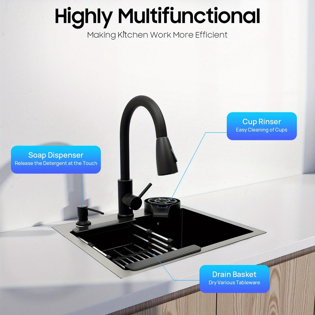 Multi-Functional 201 Stainless Steel Kitchen Sink – Pull-Out Faucet, Cup Rinser, Drain Basket & Soap Dispenser Included – Gun-Grey – 45 x 40 cm
