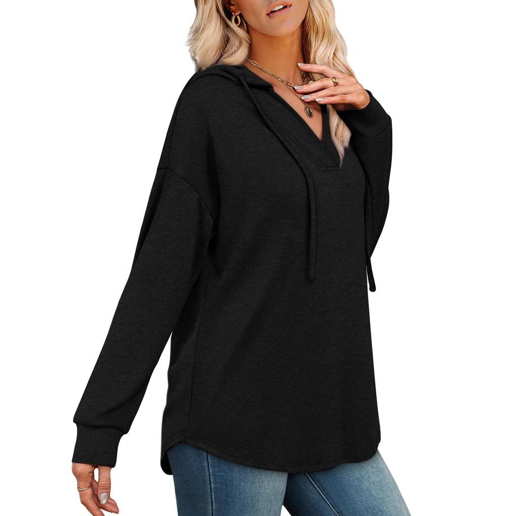 Women's Fashion Solid-Color Long-Sleeve Hooded V-Neck Casual Sweatshirt Top
