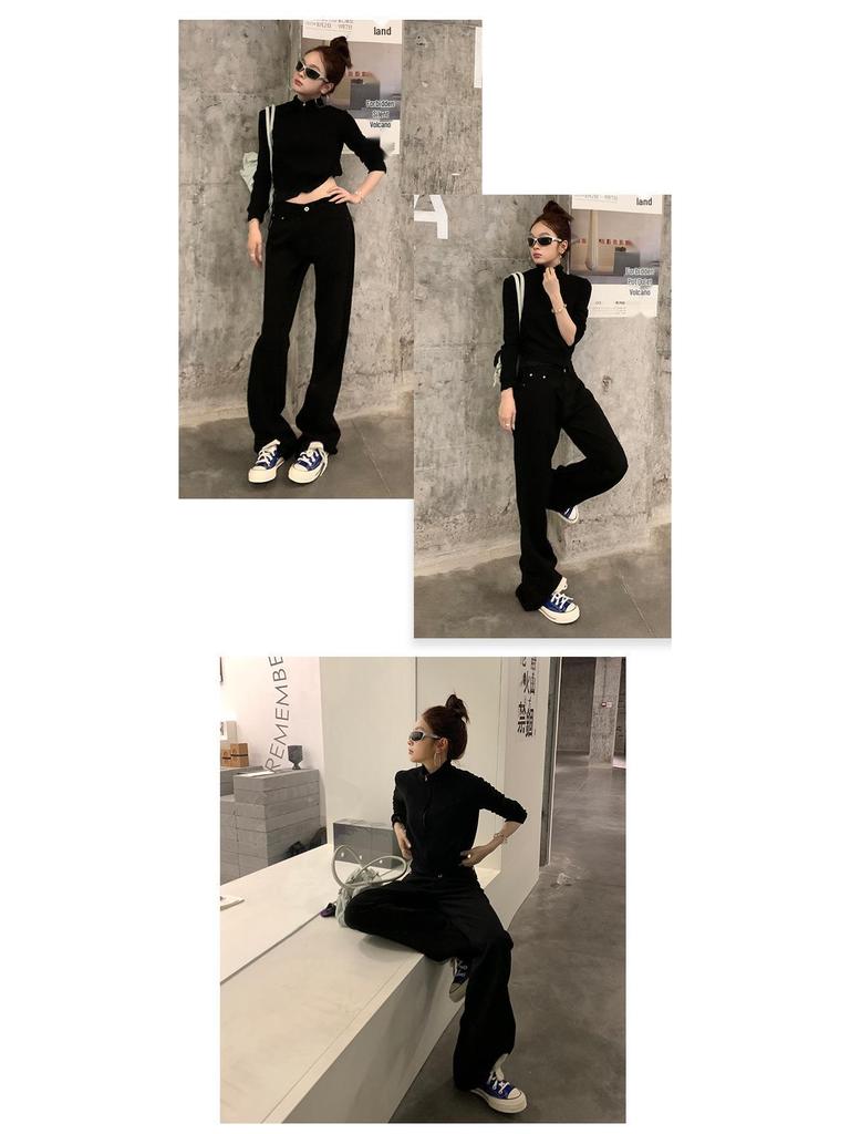 Женские черные джинсы микро-клеш с высокой посадкой 2025 - Осенние стройнящие, свободного кроя, универсальные драпирующиеся брюки в пол