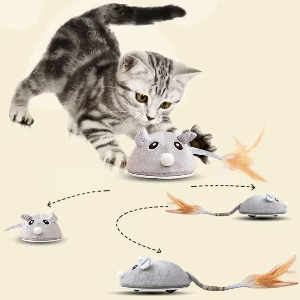 Interactive Mouse Moving Cat Toy Squeaky Automatic Sensing Electronic Mice Pet Toy with Feather Tail Realistic
