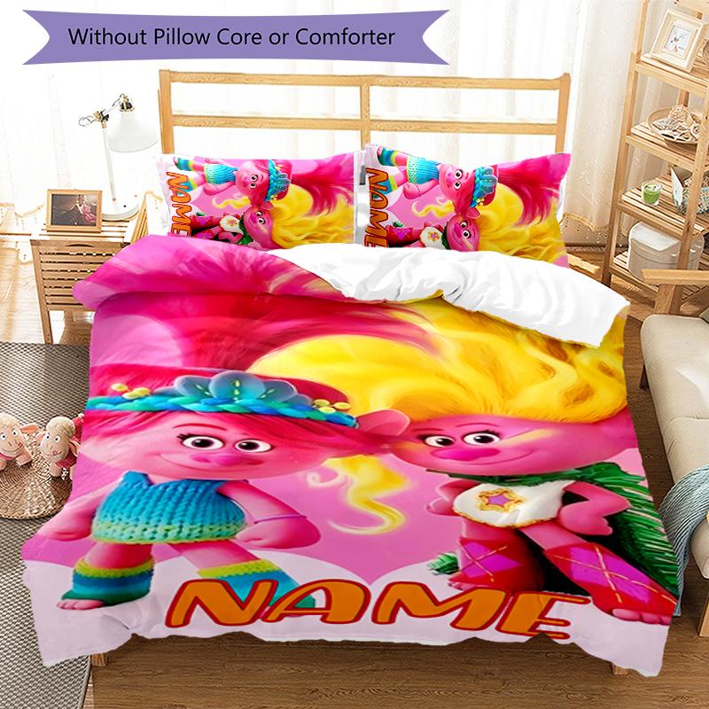3pcs Custom Name Trolls Bedding Set Duvet Cover Closure Includes 1 Duvet Cover & 2 Pillowcases for All Seasons Bedroom Decor