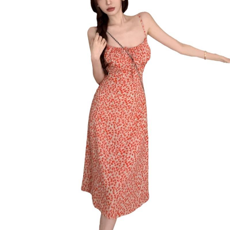 Женское платье с цветочным принтом и шнуровкой на подтяжках - красное, тонкая талия, средняя длина, новый летний пляжный стиль для отдыха