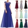 Women Elegant Lace Stitching Solid Color High Waist A-line Bridesmaid Party Mesh Long Dress