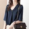 Short for Summer [Yino] Shirts, Blouses, Women's, Sleeves, Tops, V-neck, Decorative, Tucks, Body-concealing, Slimming, Loose, Plain, Simple,