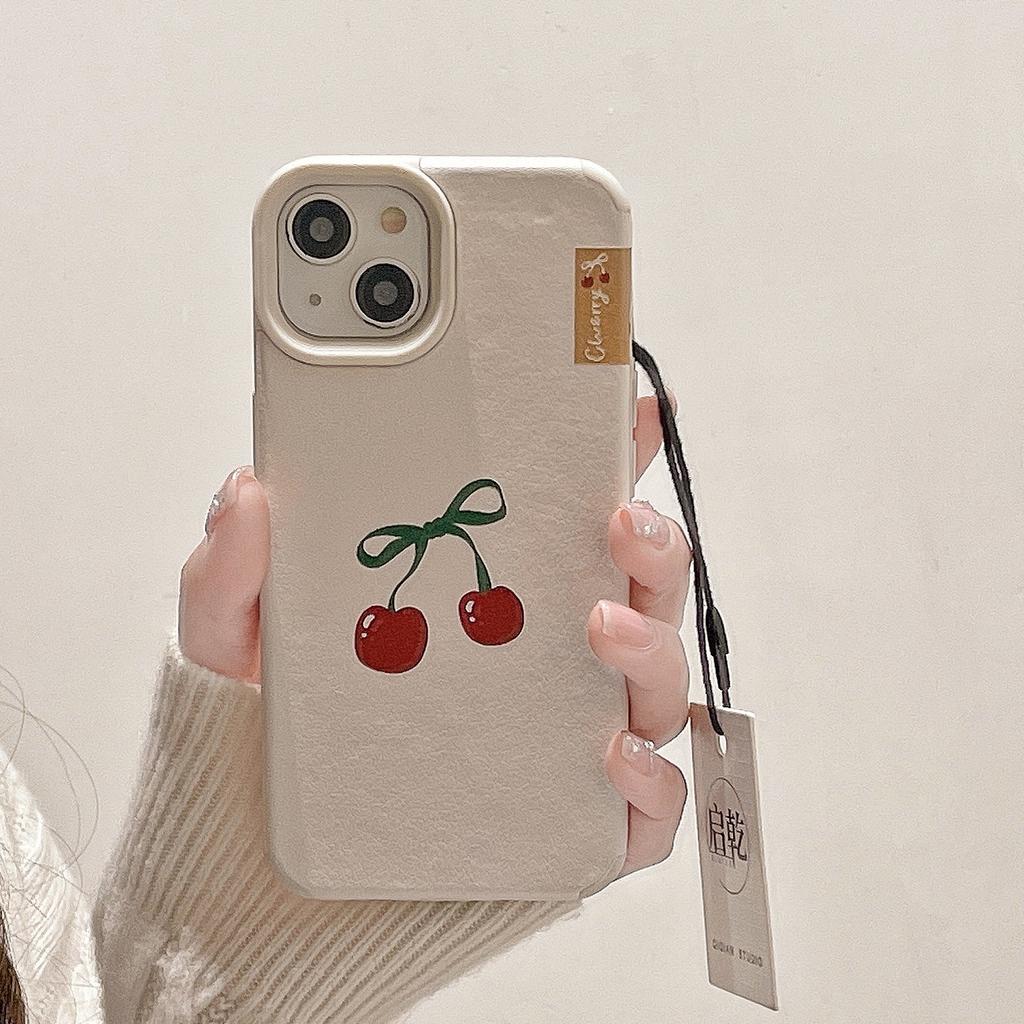 White Leather Wine-red Cherry IPhone 15 Phone Case Suitable for Apple 14/13 Promax Soft Shell