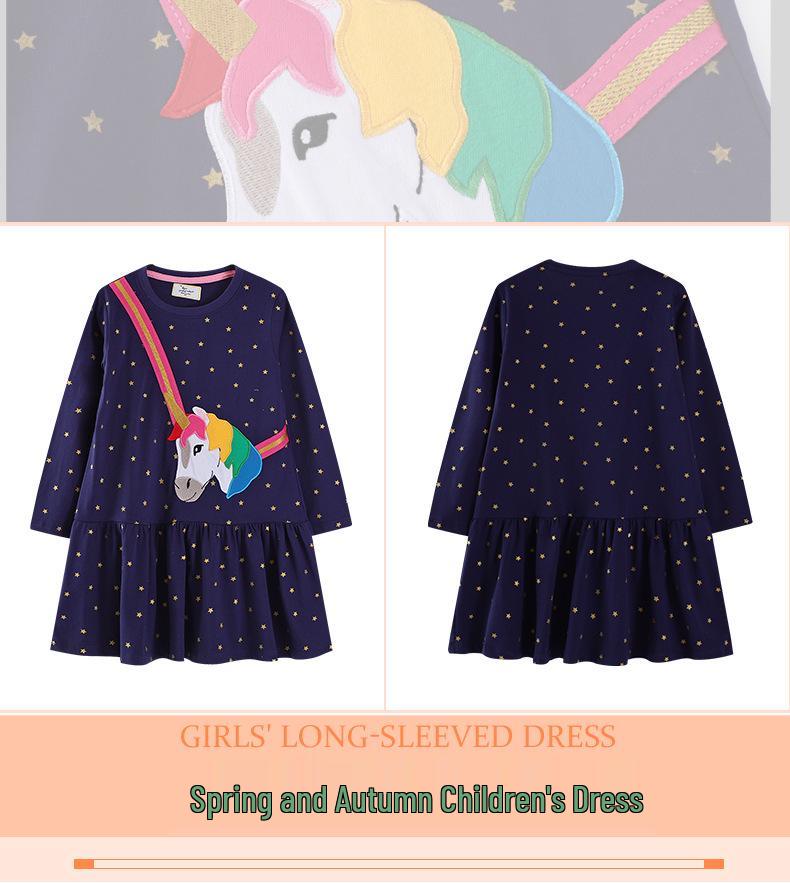 2025 Autumn Little Pony Unicorn Embroidered Girls' Long Sleeve Dress