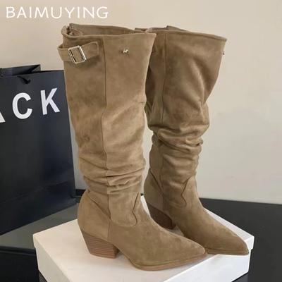 Зимние женские высокие сапоги из замши с острым носком на среднем каблуке в стиле ретро 2025 года, дизайнерские туфли-лодочки на молнии, гладиаторы, новые женские ботинки