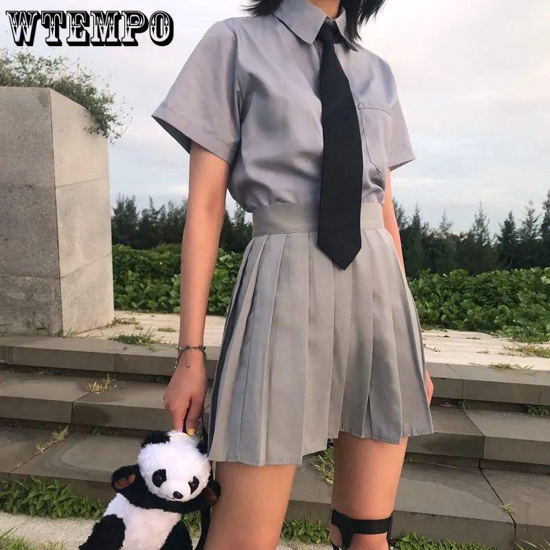 WTEMPO Elastic High Waist Y2K Schoolgirls Solid Pleated Skrits Women Casual All-match Korean Black Grey Mini Skirt Streetwear