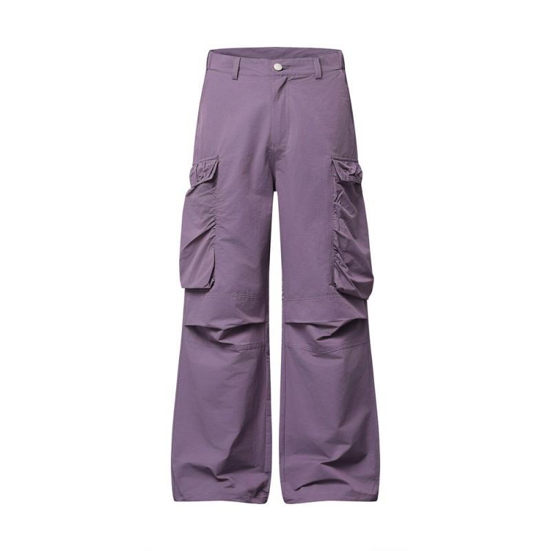 Mens Loose Straight Cargo Pants Streetwear Style Pleated Casual Trousers With Pockets