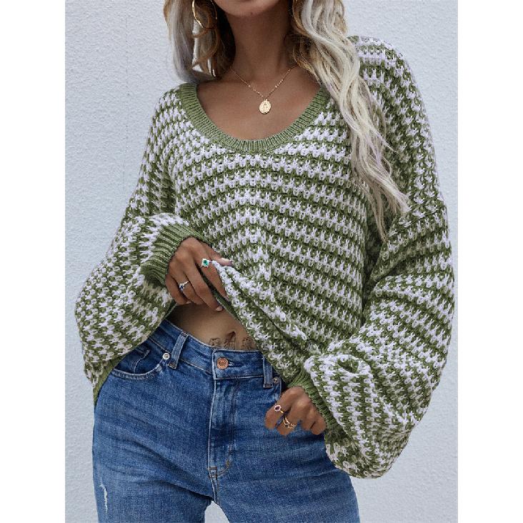 2024 Осень и зима Новый европейский и американский пуловер полосатый женский вязаный свитер круглый вырез свитер больших размеров