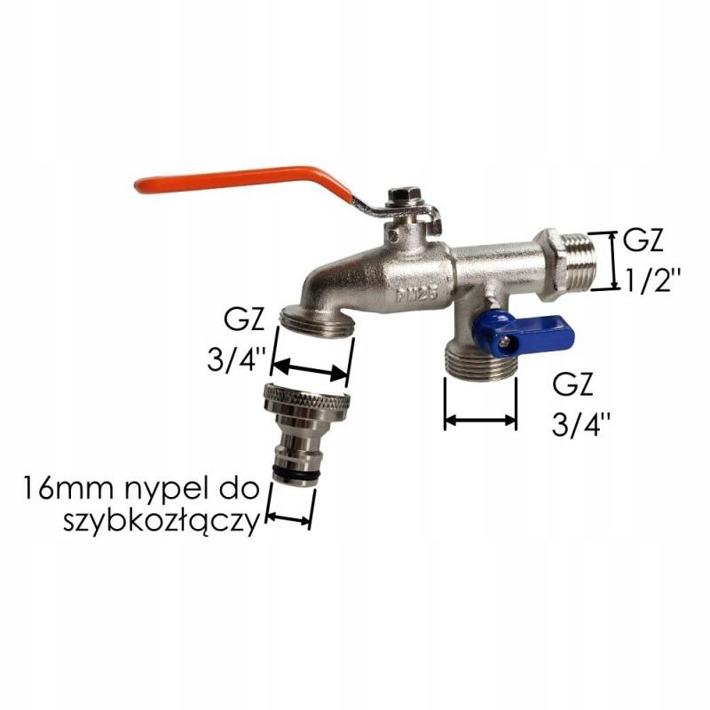 Ball tap Gz1/2", 2x outputs Gz 3/4" + nipple for quick connector