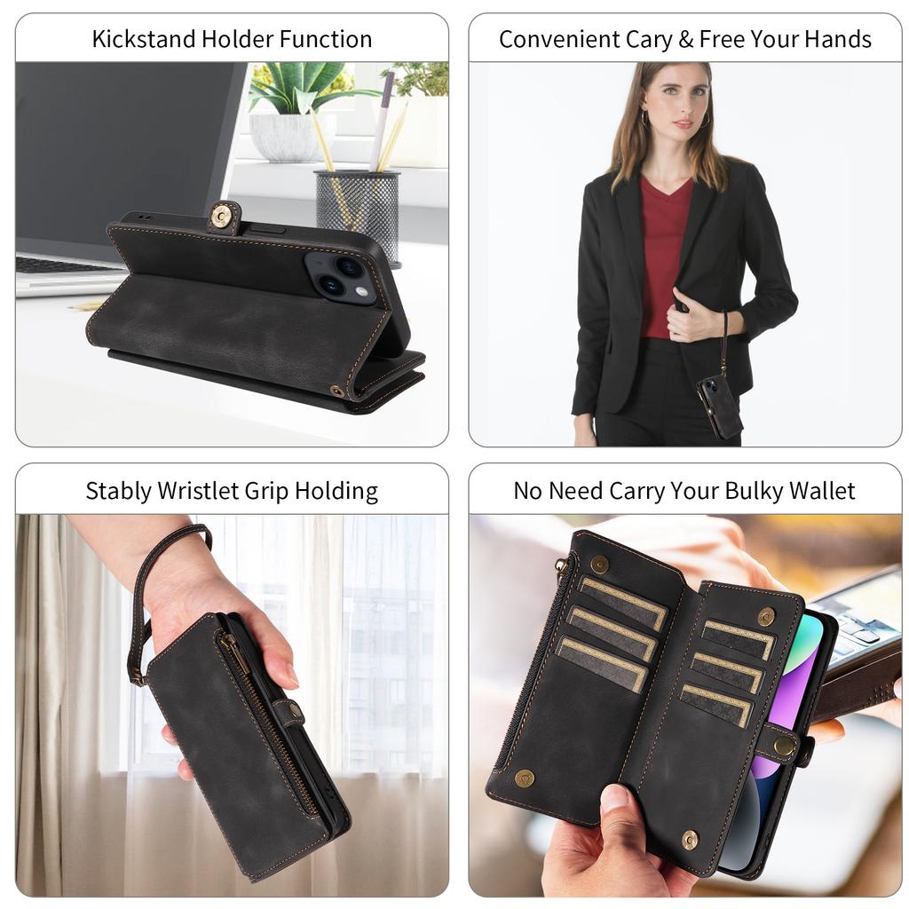 Zipper Pocket Leather Phone Case for iPhone 15,RFID Blocking Wallet Stand Phone Cover