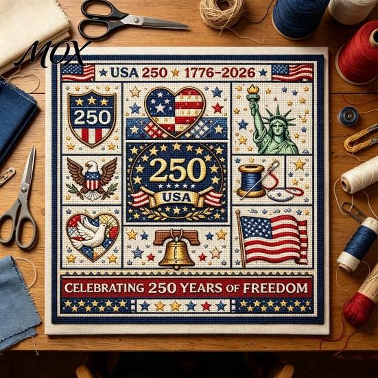 Segmented Embroidery Pattern 250th Anniversary Cross Stitch Kit, Independence Day Theme, Red White Blue Threads Patriotic Set, USA Patterns