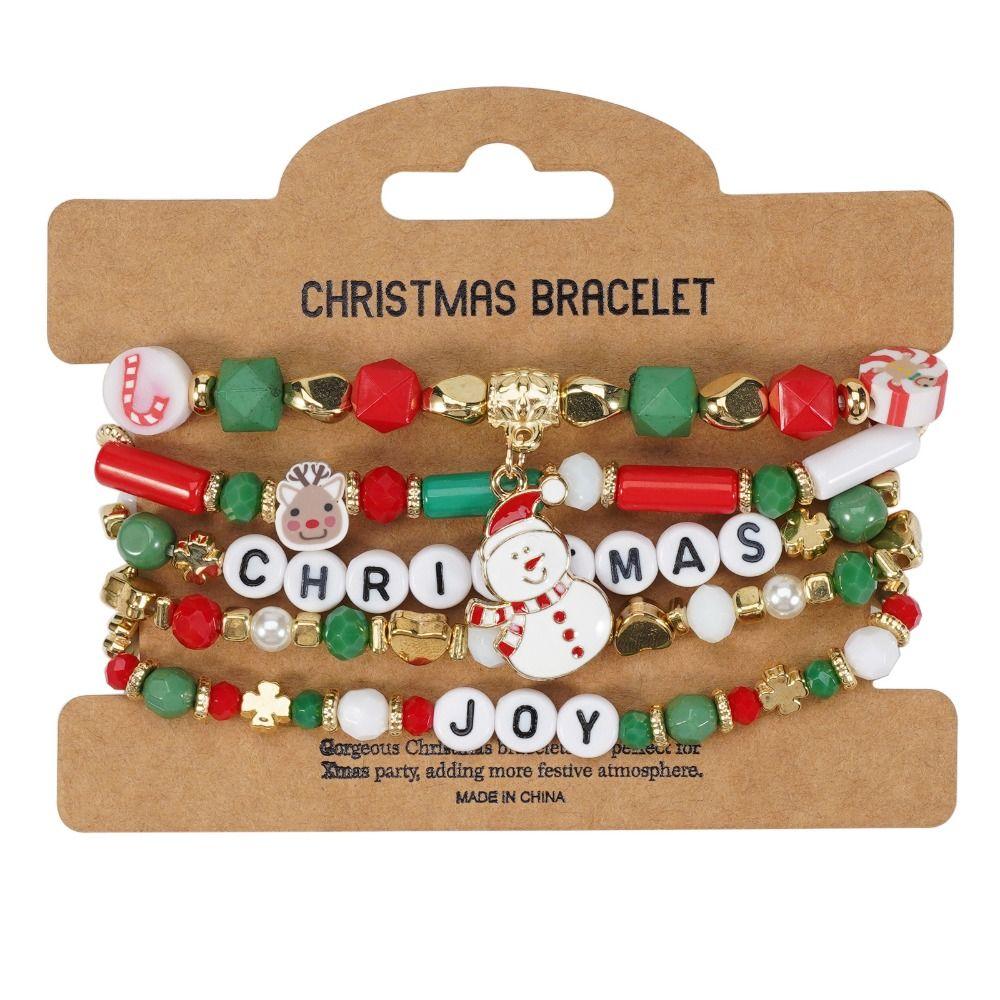 5Pcs Snowman Christmas Bracelet Multi-Layer Stacking Rope Chain Bangle Beaded Bracelet Gifts