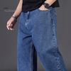 Мужские джинсы с высокой талией, однотонные сплайсированные джинсовые брюки с карманами, прямые, широкие, длинные брюки для повседневной носки