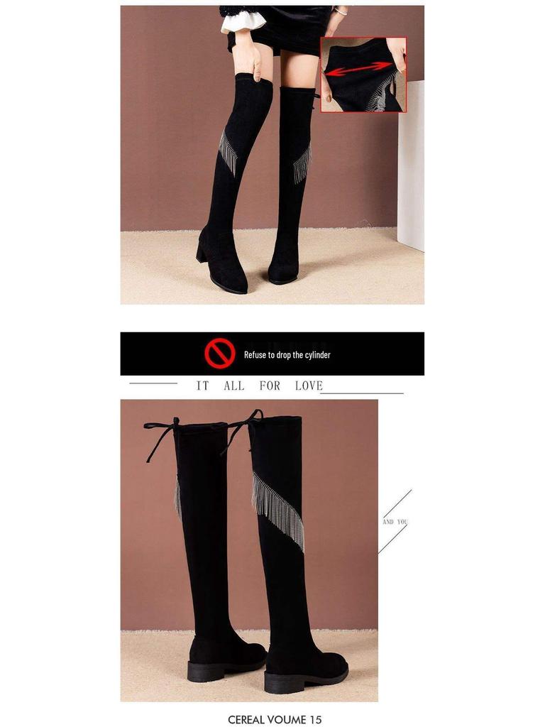 Женские замшевые ботфорты с кисточками из страз - Осень 2025 Облегающие ботинки на толстом каблуке с высоким голенищем