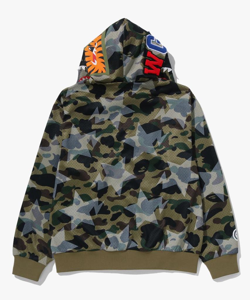 Bape Худи с полной молнией, укороченное, с принтом "Звезда над камуфляжем", сетчатыми вставками и изображением акулы (M) зеленый