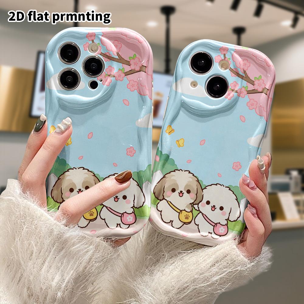 Phone Case: 2D flat design suitable for iPhone 18 17 16 15 14 13 Pro protective case, cherry blossom puppy, perfect Christmas and Halloween holiday gi