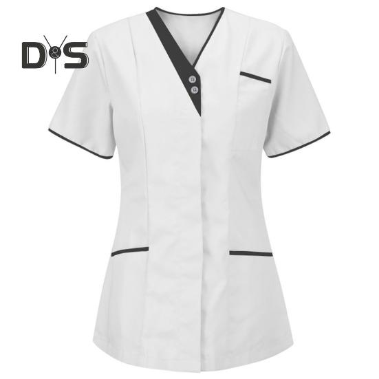 Nurse Uniform Scrubs Tops Women V-neck Short Sleeve Pockets Overalls Uniforms Patchwork Color Nursing Working Tops Workwear