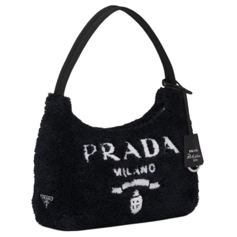 Prada Re-Edition Логотип Застежка-молния Махровая ткань Сумка под мышку Ручная сумка на плечо Мини Женская Черная