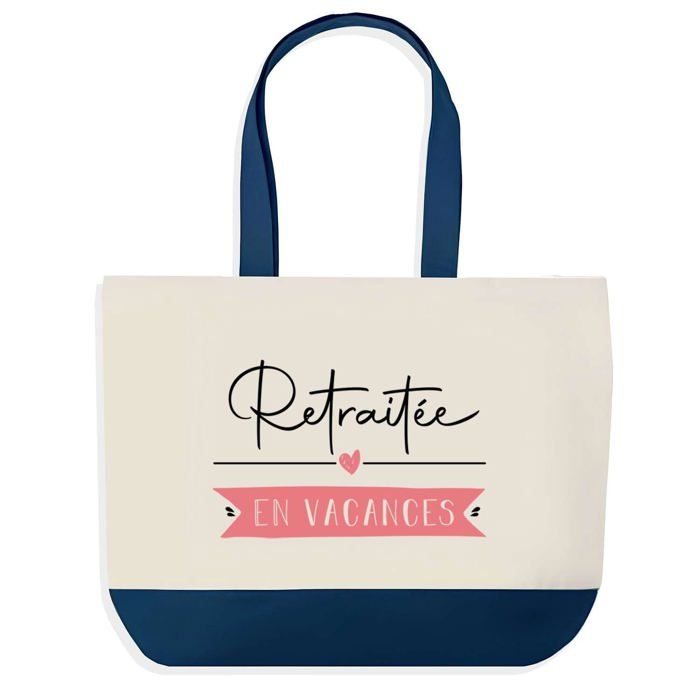 Sac cabas - PLANETEE - Sac shopping fond bleu Retraitée en Vacances - Coton - 40 x 45 cm - Grand format