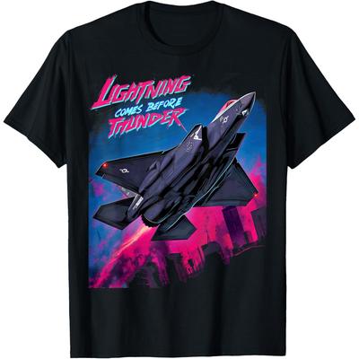 Retro Fighter Jet Graphic Tee Pink Blue Print Men's O-Neck Casual T-Shirt
