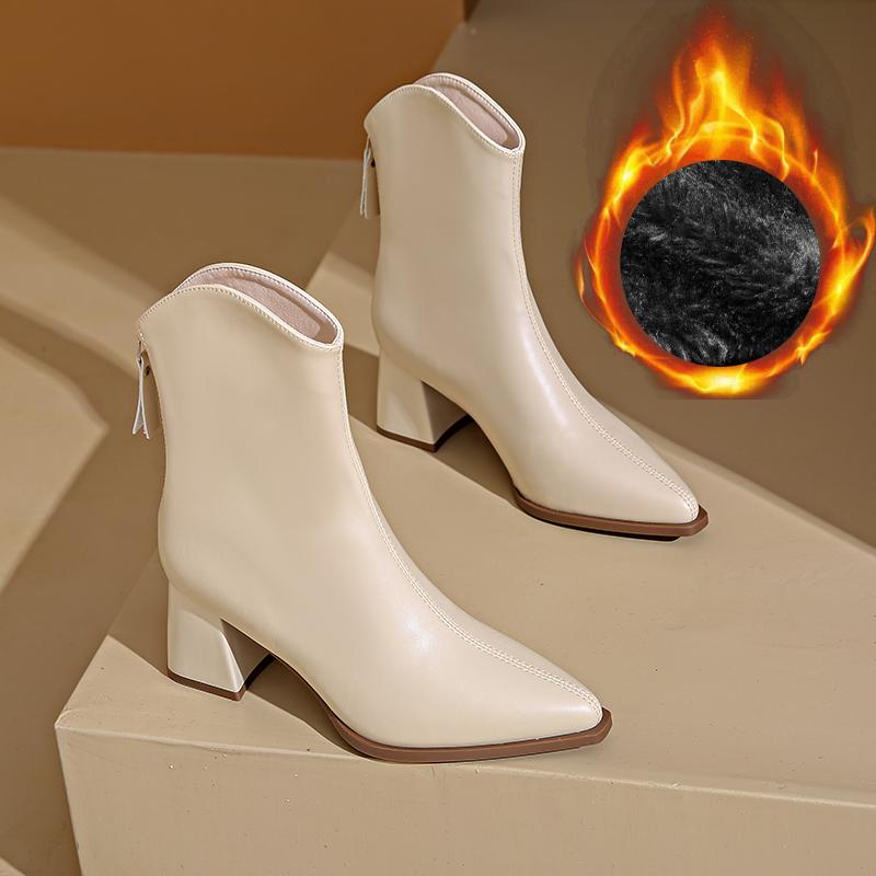 Мода осень зима сохраняют тепло меховые женские ботильоны мода острый носок молния сзади туфли толстый каблук женские короткие ботильоны