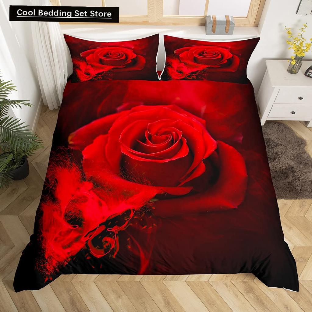 Пододеяльник Golden Red Rose King Queen Романтический комплект постельного белья с цветочным принтом Цветы ко Дню святого Валентина Пододеяльник из полиэстера