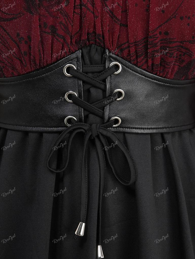 Rosegal Plus Size Расклешенные рукава Блестящий Цветочный Принт Розы Топ Со Сборками Шнуровка PU Пояс Баска Подол