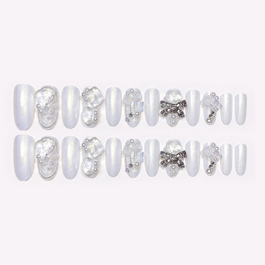24Pcs Gentle White Almond Press On Nails With Crystal Flower Metal Bowknot Design Light Luxury Fake Nails For Wedding