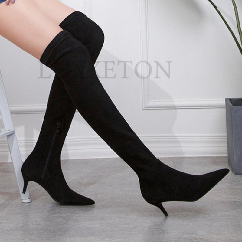 Women Winter Boots Slim High Heel Suede Stretched Over Knee Long Boots Sexy Pointed Down Thigh Long Botas Fashion New Style