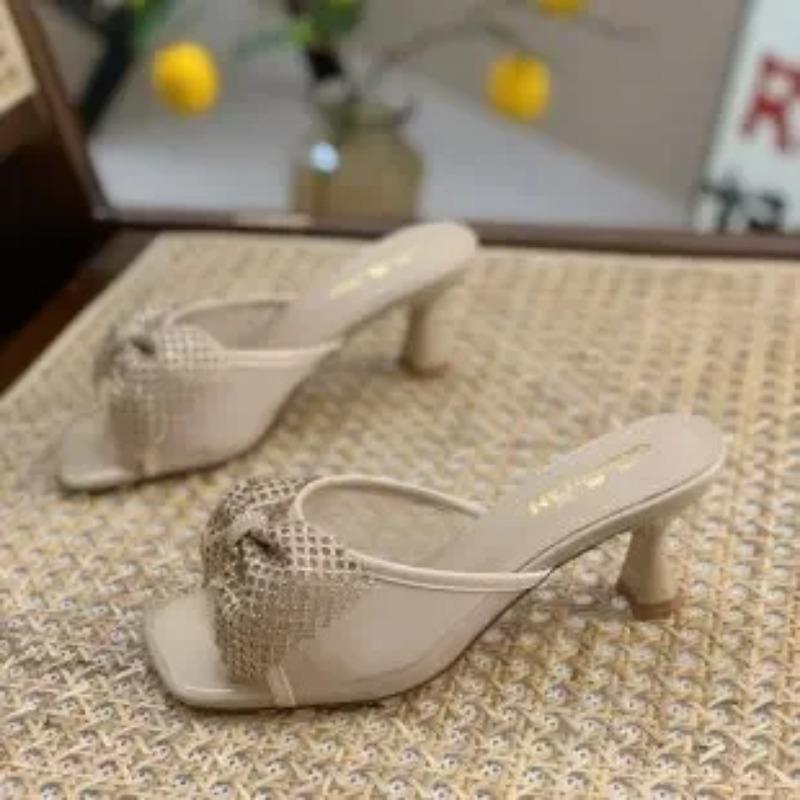 Модные женские туфли с сетчатым бантом на высоком каблуке, новые французские повседневные полые женские сандалии, дизайнерские повседневные женские тапочки