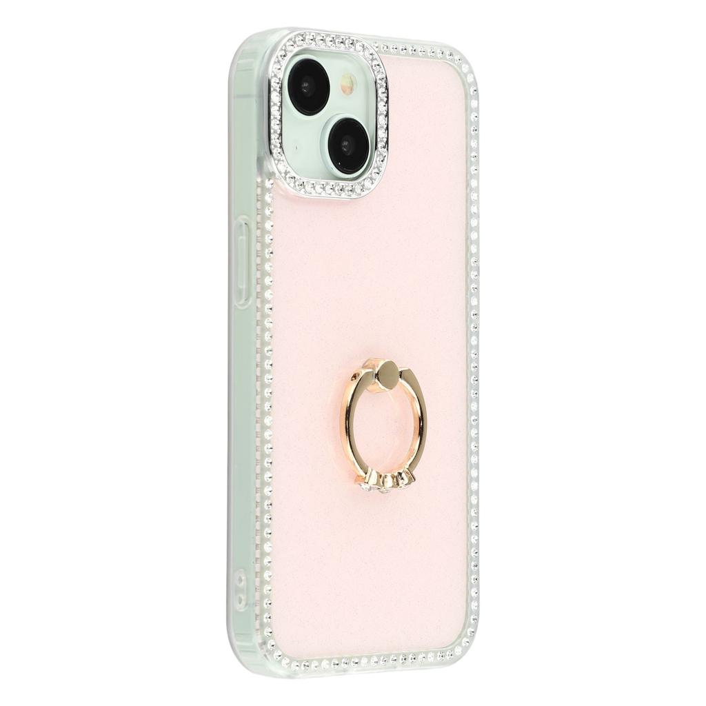 For iPhone 14/13 Case with Ring Kickstand Rhinestone Edge TPU+PC IMD Phone Cover