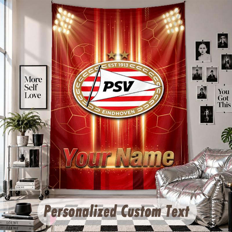 Wall Hanging Tapestry With Custom Name & Text, PSV Eindhoven FC Decorative Tapestry For Bedroom