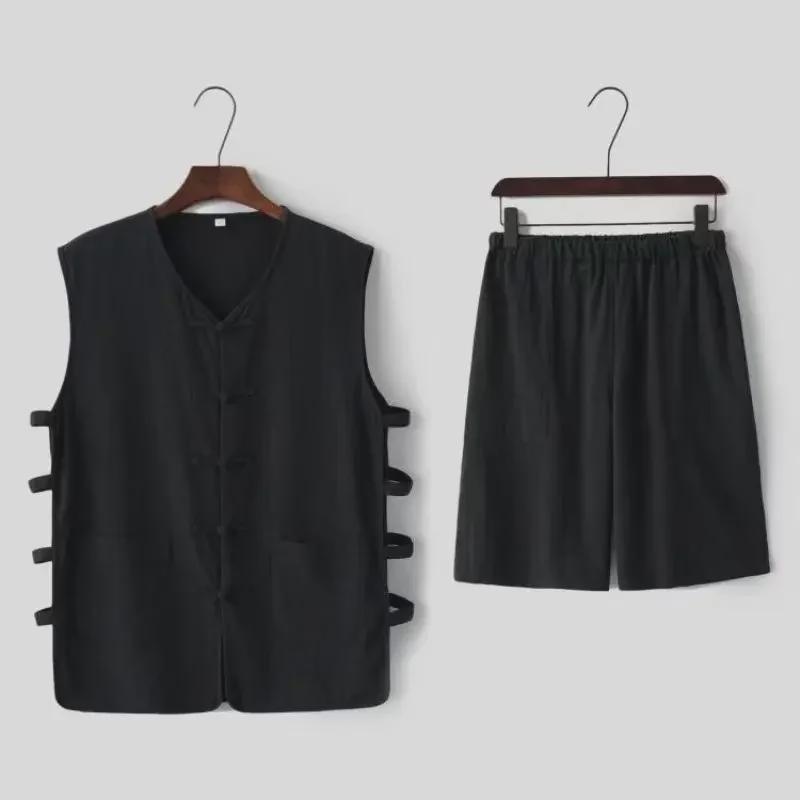 Мужской костюм Тан на весну и осень: Костюм из двух частей в китайском стиле из хлопка и льна с пуговицами