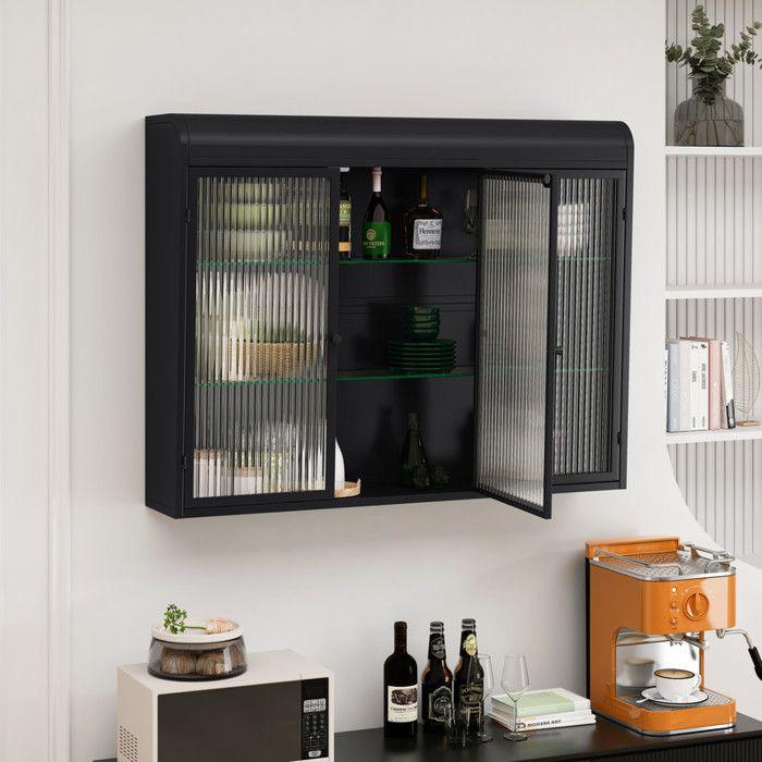 Armoire vitrée - MUVOE - 3 portes - Fixation murale - Noir - Design contemporain