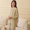 New Tianzhu fiber double-layer gauze loungewear Korean version loose and fresh green printed long-sleeved trousers pajamas