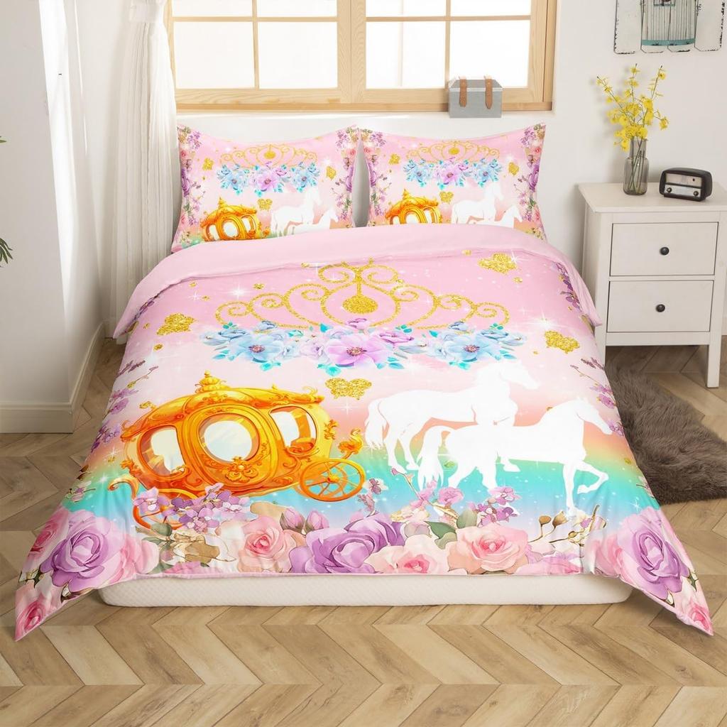 Fairy Tale Castle Bedding Set Twin QueenGirly Golden Castle Silhouette Duvet CoverBlooming Flowers Botanical Comforter Cover