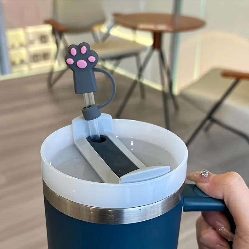 6pcs Cute Cartoon Cat Paw Straw Lids, 10mm Reusable Dustproof Silicone Straw Plugs, Cup Accessories