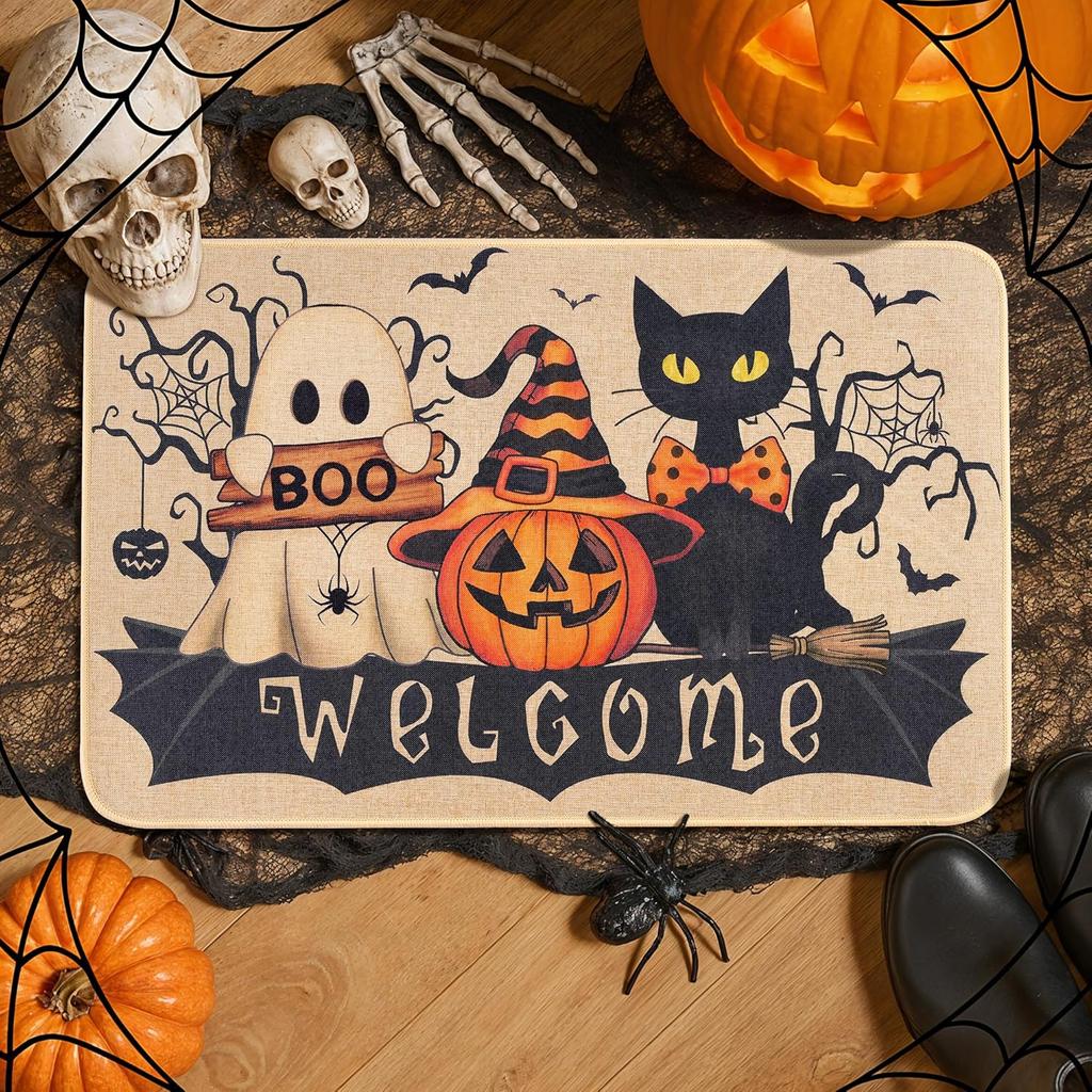 Halloween Welcome Mat Ghost Black Cat Indoor Outdoor Halloween Decorations Porch Entrance Hallway Kitchen Rug