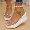 Мода Мода Стразы Женские Босоножки на Танкетке Лето 2025 Толстая Подошва Пляжная Обувь Женщина Ремешок на Щиколотке Массивная Платформа Sandalias Mujer