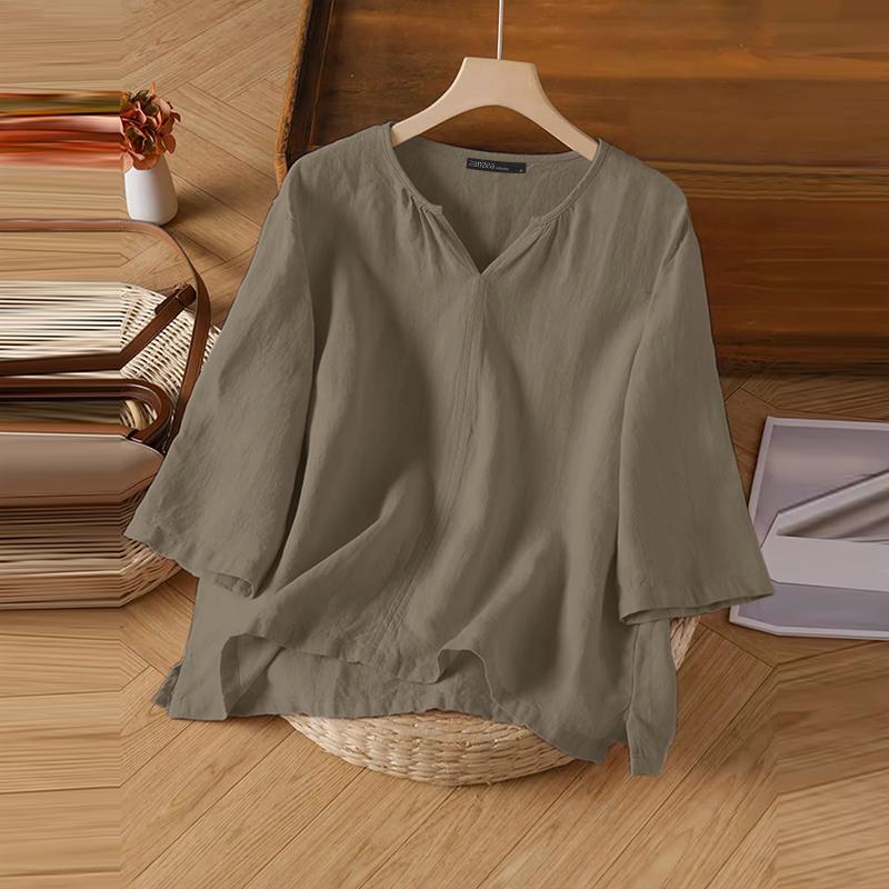 ZANZEA Женская свободная повседневная хлопковая блузка с V-образным вырезом и рукавом 3/4