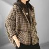 Ladies Spring Autumn Thickened Houndstooth Retro Loose Hooded Plaid Woolen Knitted Cardigan