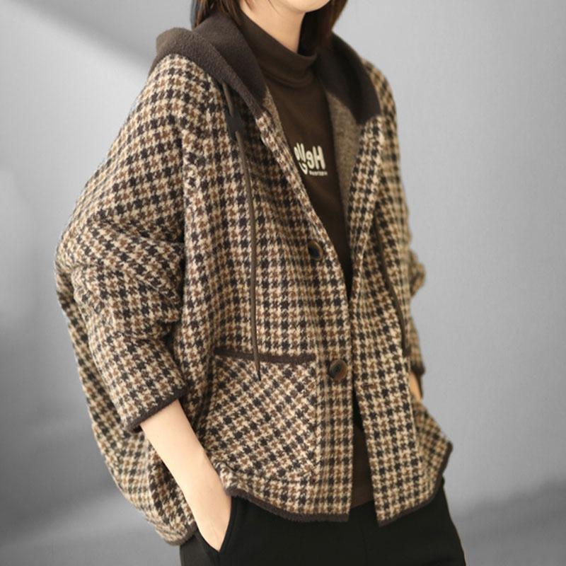 Ladies Spring Autumn Thickened Houndstooth Retro Loose Hooded Plaid Woolen Knitted Cardigan